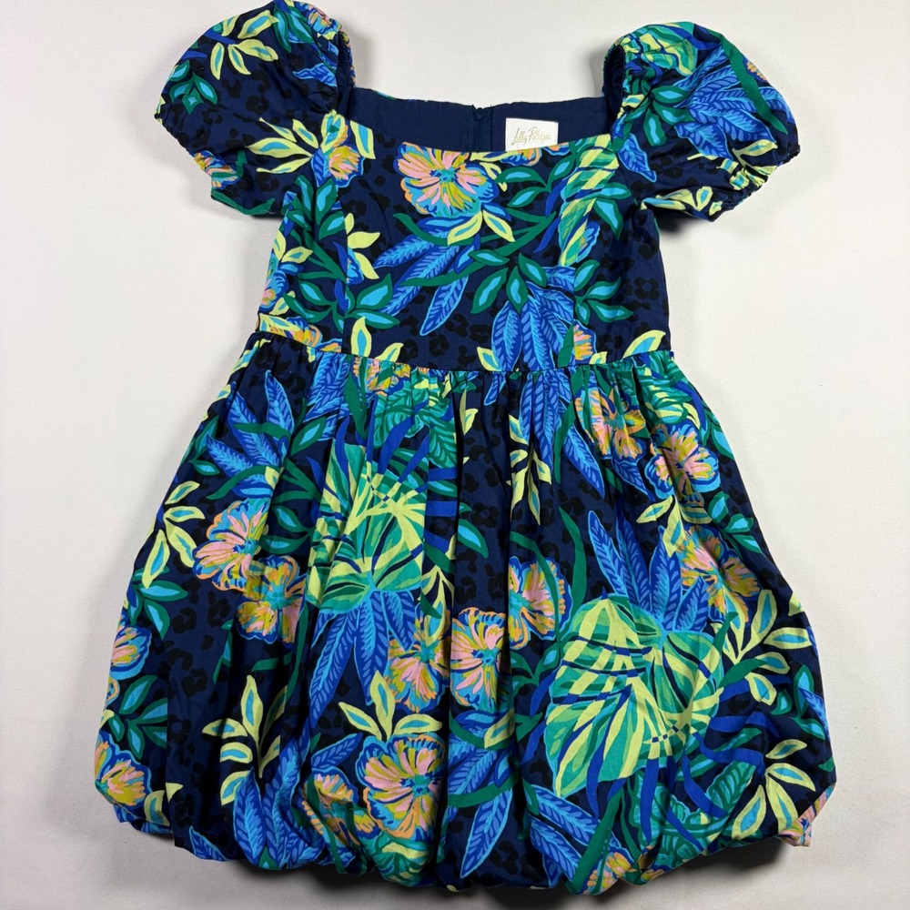 Lilly Pulitzer Bubble Dress Tropical Floral Whimsical Puff Sleeve Girls Sz 5